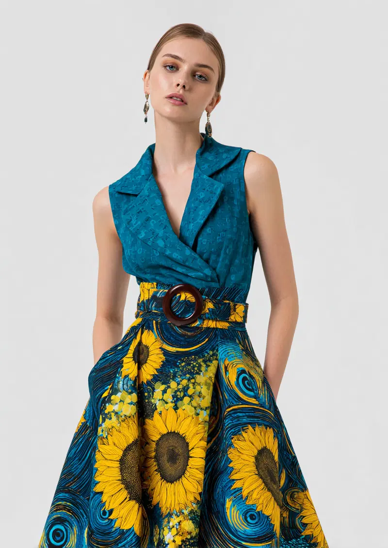 Fashion portrait of a woman in a vibrant floral and blue dress with sunflower pattern