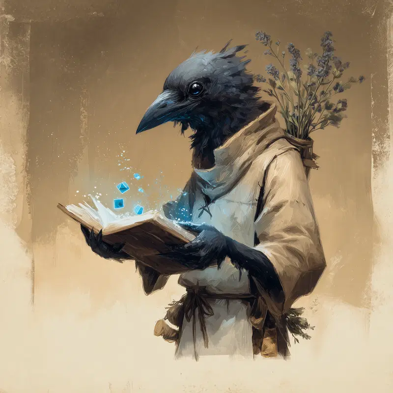 Fantasy character with a crow head reading a magical glowing book