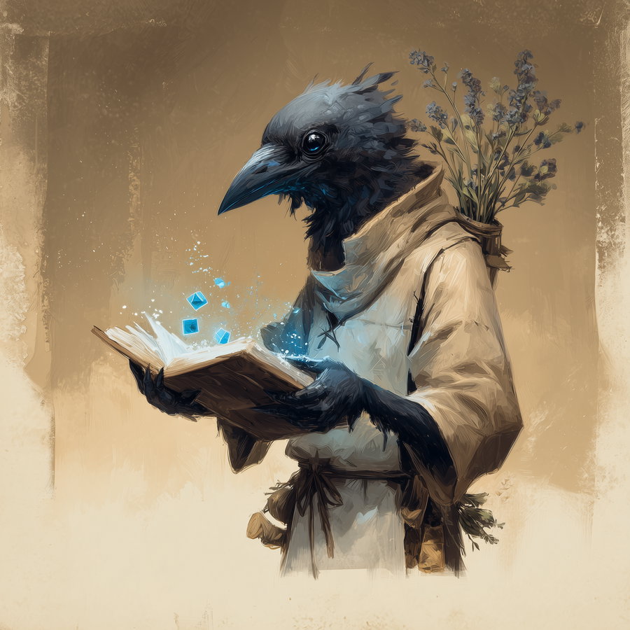 A fantasy creature with the head of a crow, wearing a light robe with a flower bouquet on its back, holding an open book emitting glowing blue magical particles.