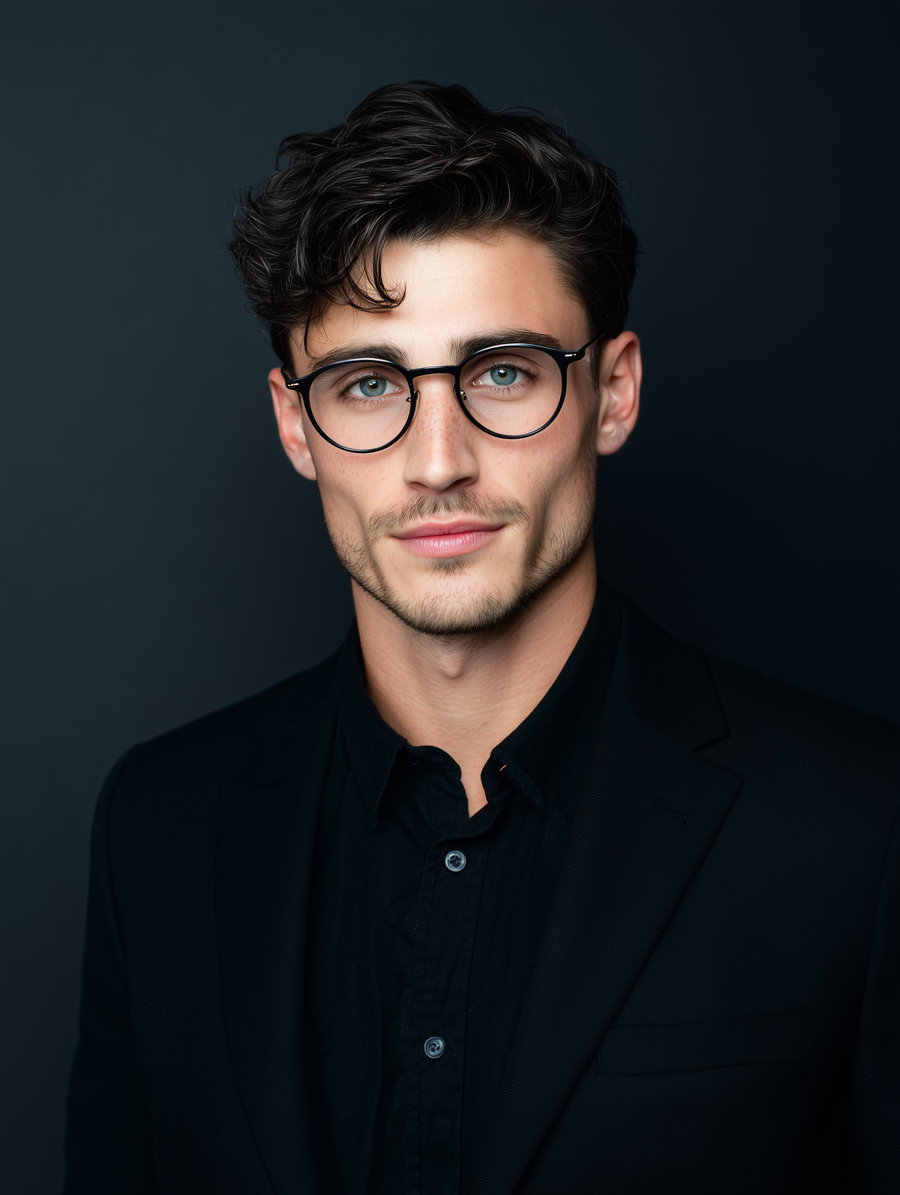Close-up portrait of a young man with curly dark hair, wearing round black glasses, a black shirt, and a black blazer, set against a dark background.