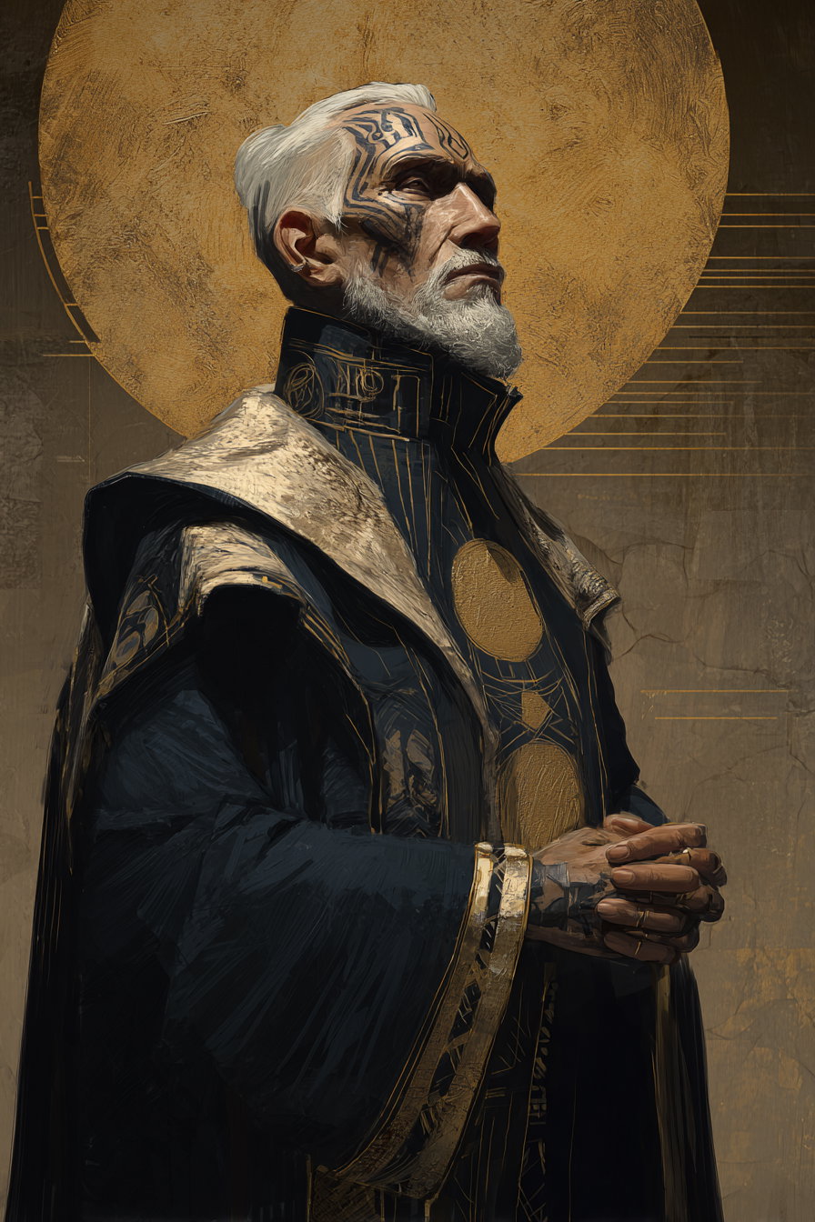 An elderly man with white hair and beard wearing a dark ceremonial robe with gold accents and facial tattoos, standing in front of a textured golden circular background