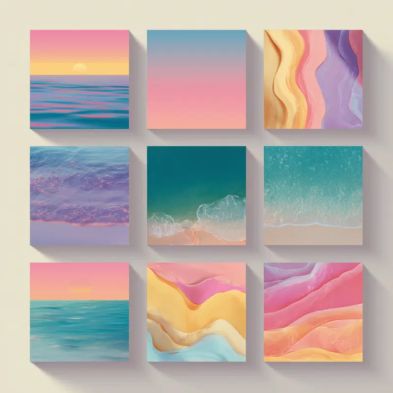 Collection of nine square paintings showing ocean waves, sunsets, and colorful abstract textures