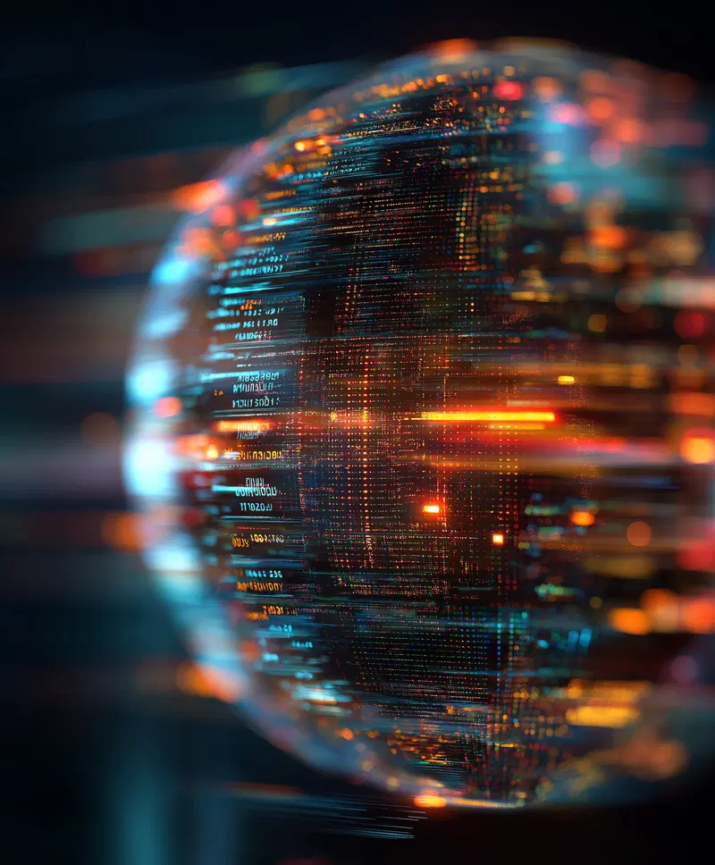 Digital illustration of a glowing futuristic orb with vibrant data streams and light effects