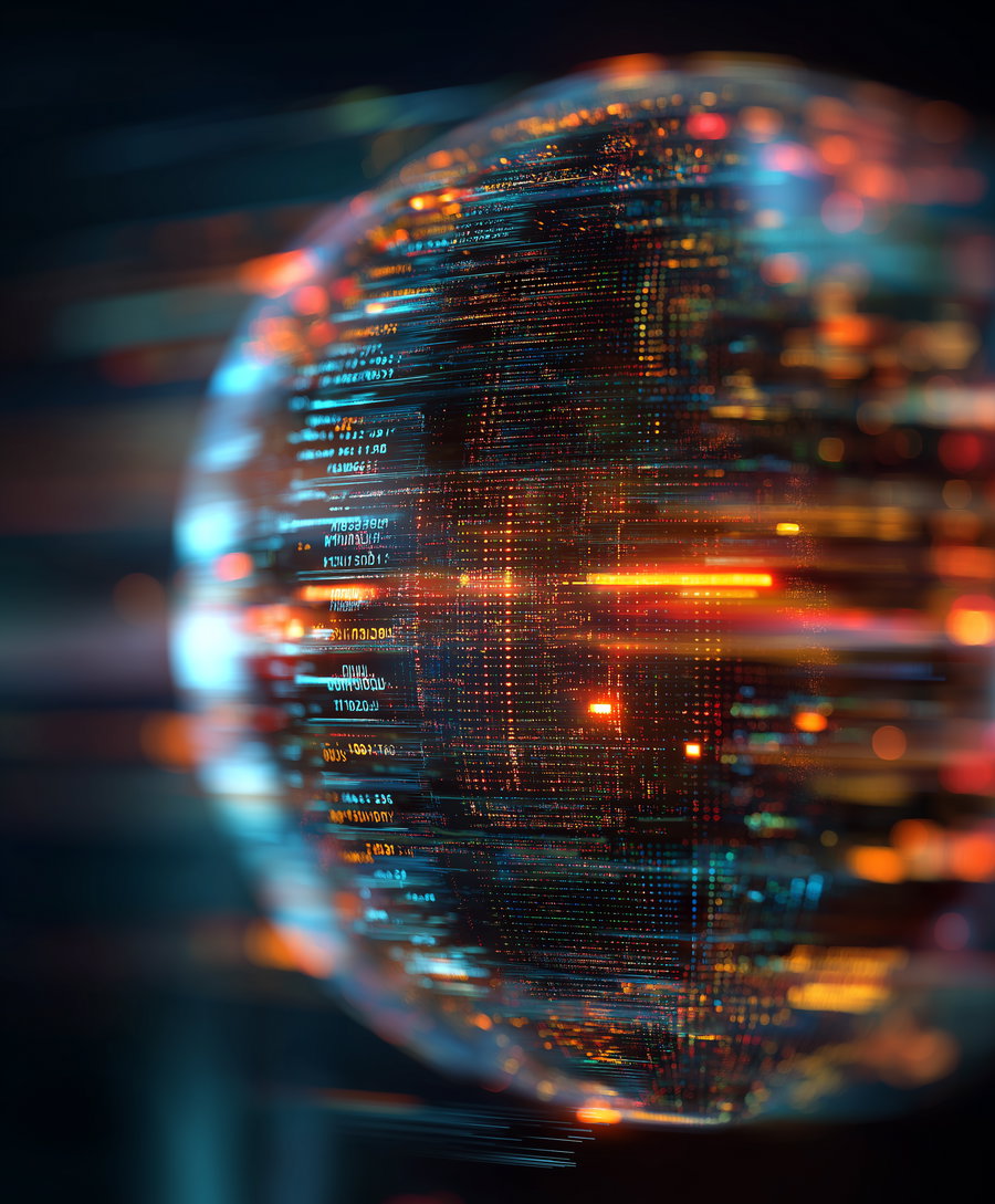 A digital glowing orb with numerous colorful data lines and light streaks creating a futuristic and high-tech visual effect