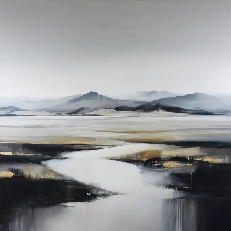 Abstract painting of mountains with mist and reflective water in muted tones