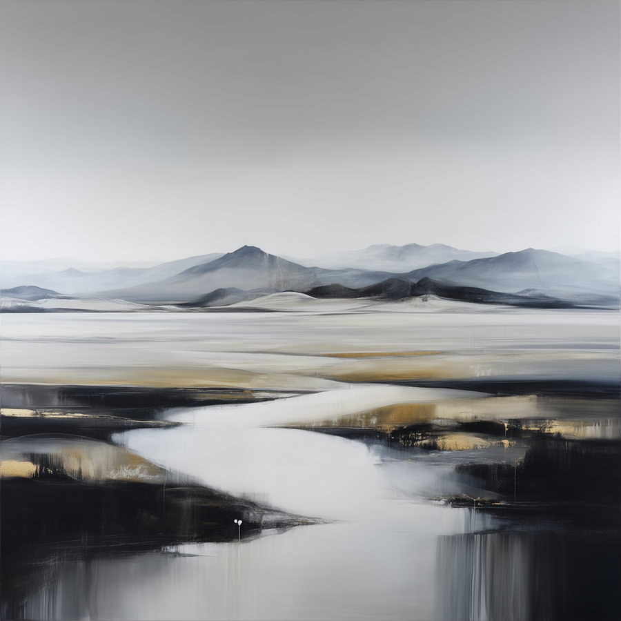 Abstract landscape painting showing hazy mountains in the background, reflective water and land with dark and golden hues in the foreground