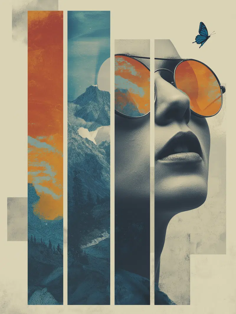 Artistic composition of a woman's face with reflective sunglasses and nature elements