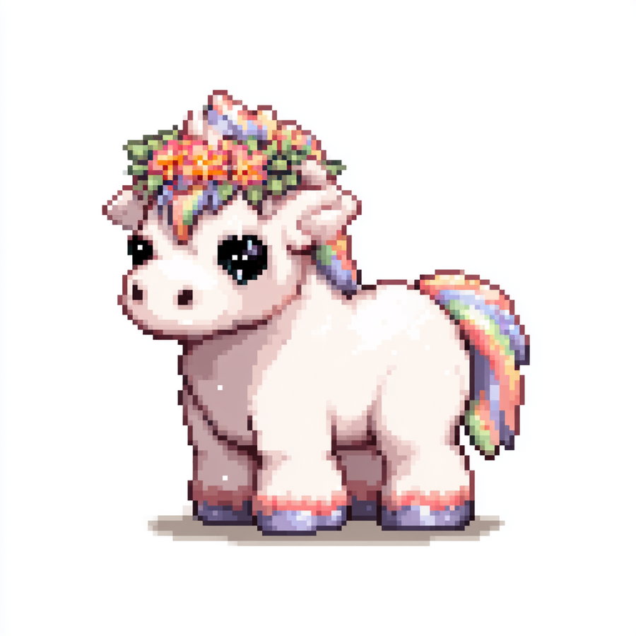 Pixel art of a small unicorn with big black eyes, rainbow-colored mane and tail, a flower crown on its head, and purple hooves standing on a white background