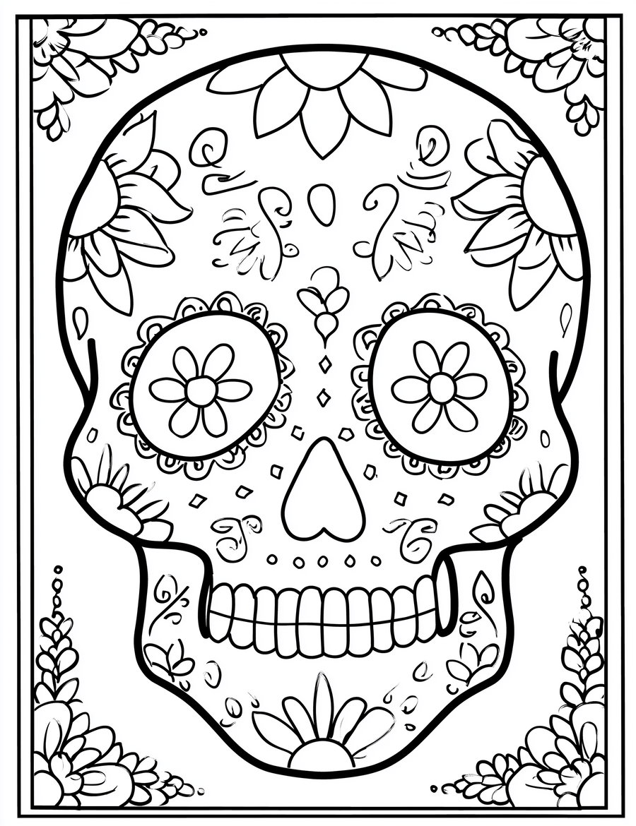 Line drawing of a sugar skull adorned with floral patterns and decorative elements, framed with floral corners