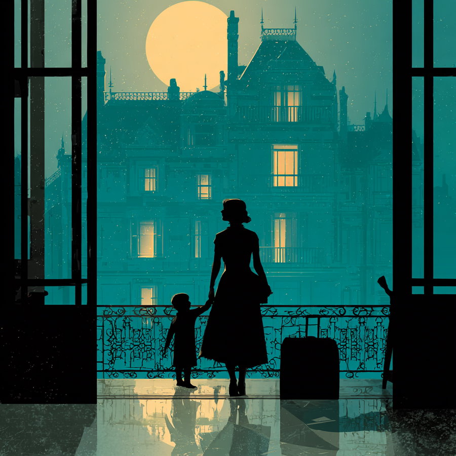 Silhouettes of a woman holding a child's hand standing on a balcony with an ornate railing, in front of a large building with lit windows under a full moon at night
