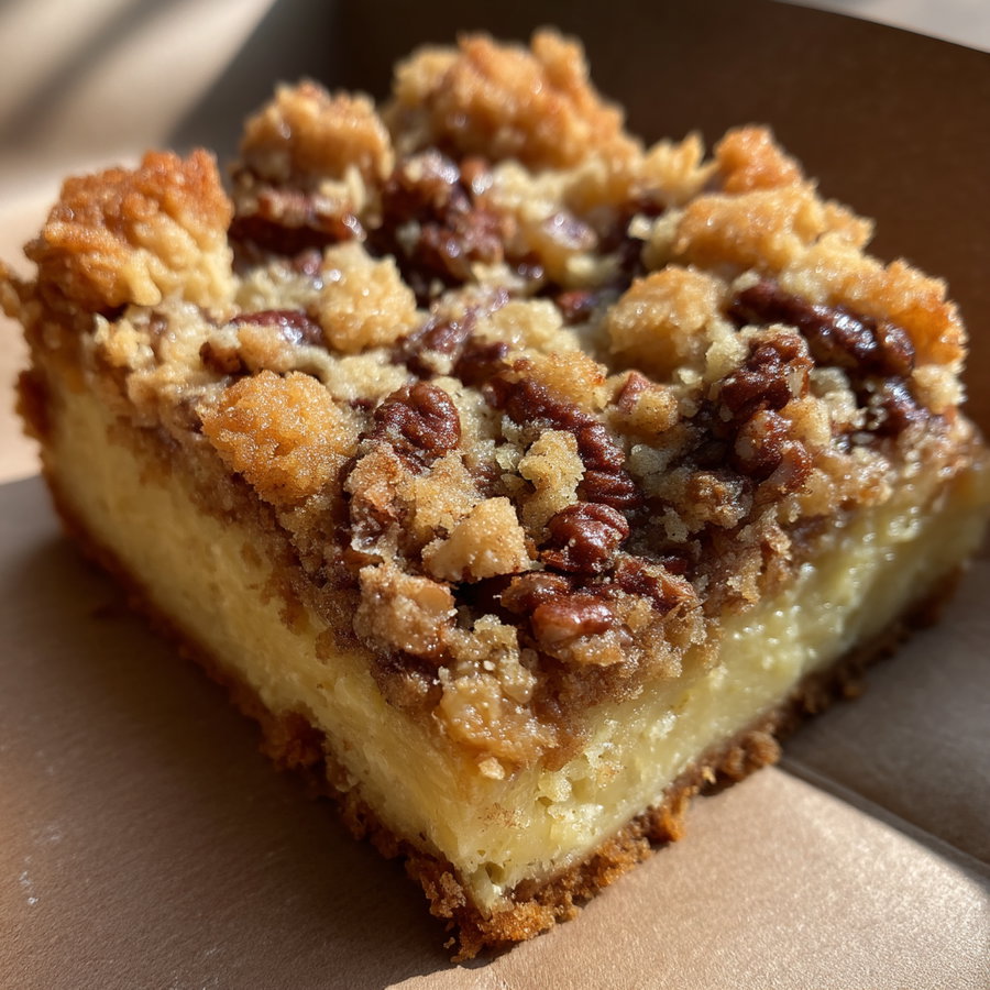 A close-up photo showing a square piece of pecan crumble dessert with a crumbly golden crust and visible pecans on top.