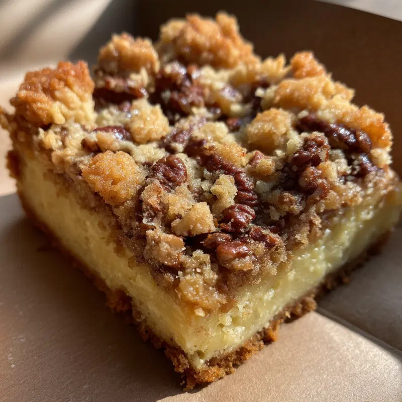 Close-up of a delicious pecan crumble dessert piece with golden crust