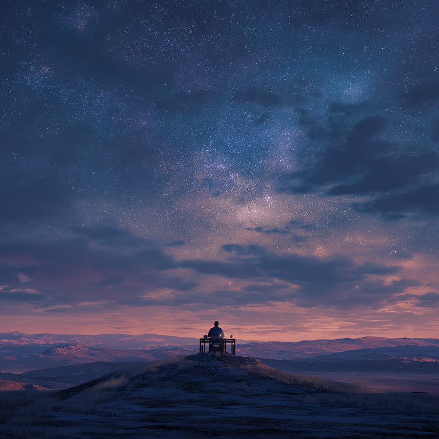A silhouetted person sitting alone at a desk on a small hilltop surrounded by expansive plains and mountains under a richly detailed starry sky and scattered clouds at dusk.