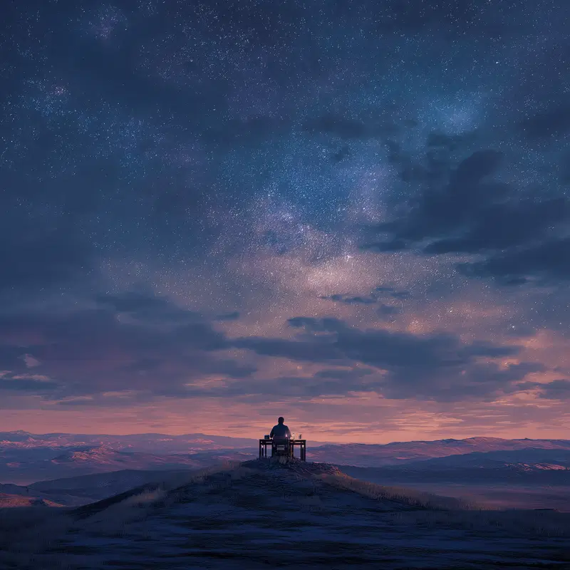A person sitting at a desk on a hill under a vast starry night sky with clouds