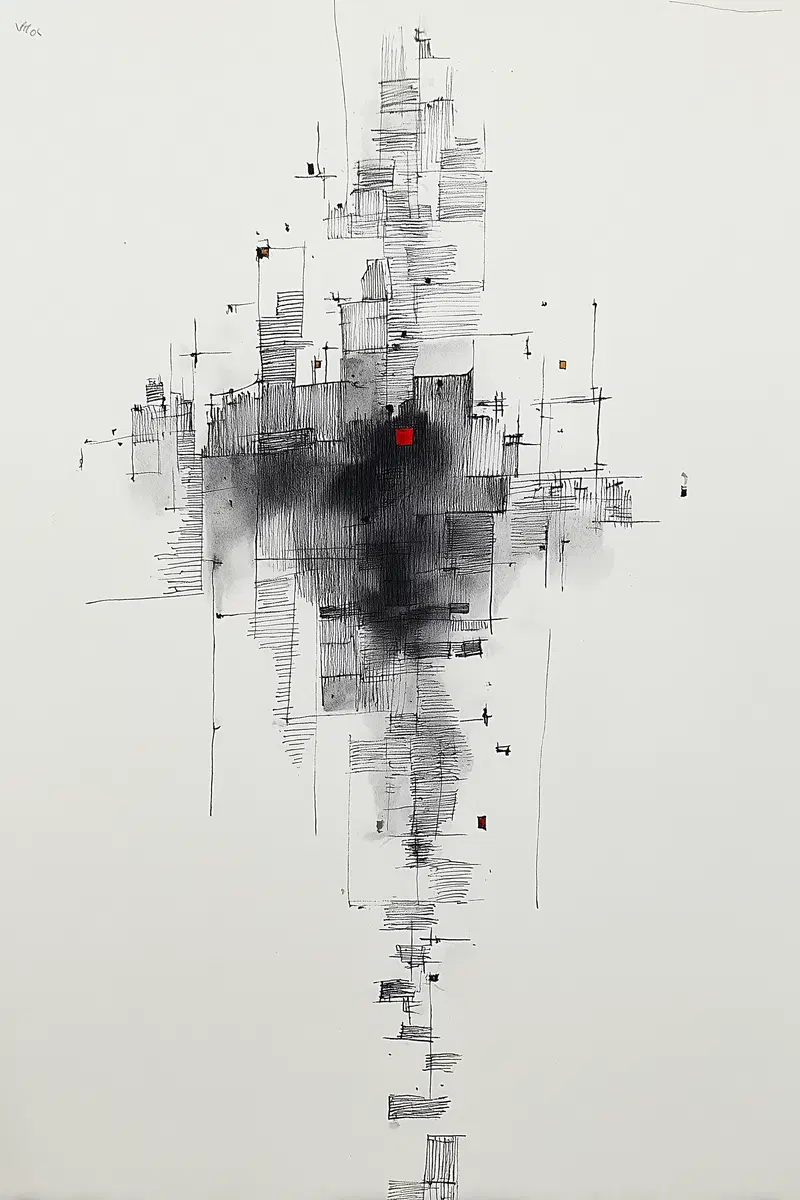 Minimalist ink and watercolor abstract geometric composition with red accents