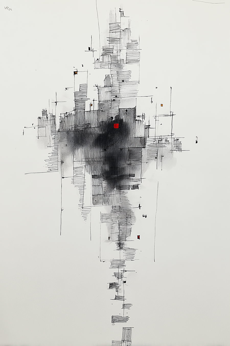 Abstract black and gray ink wash with fine black line geometric patterns and small red squares on white background