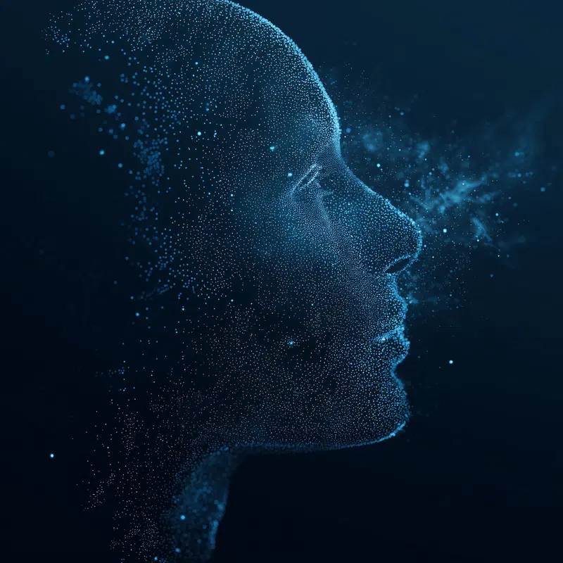Digital illustration of a human face composed of glowing blue particles on a dark background