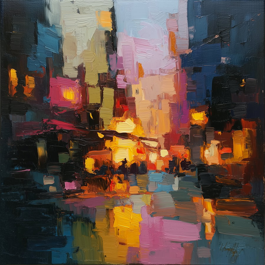 A textured oil painting with bold, thick brushstrokes in vibrant colors portraying an abstract cityscape with glowing lights reflected on wet streets.