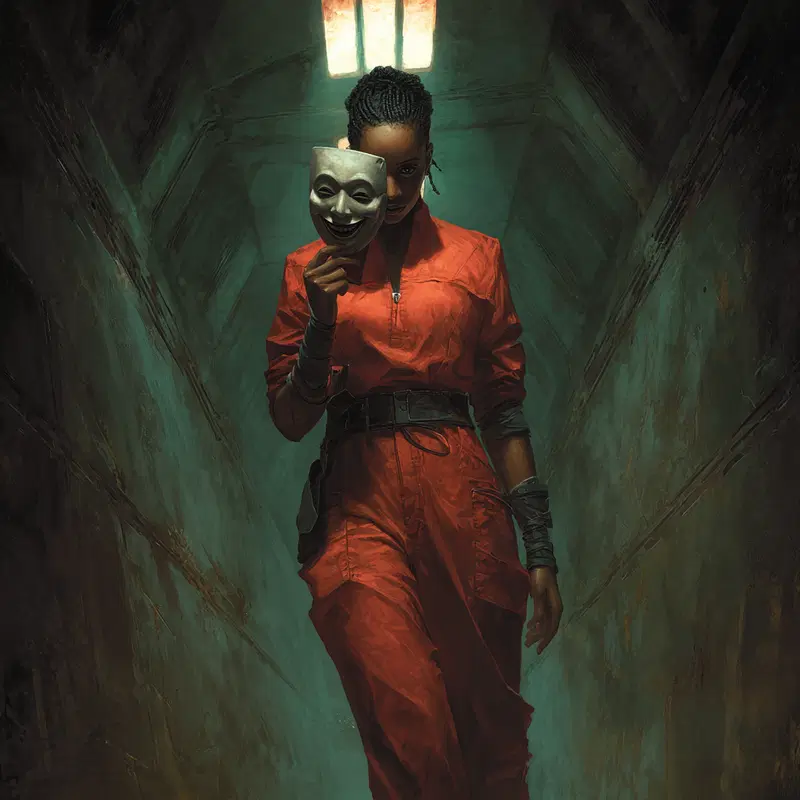Woman in red outfit holding a theatrical mask in a dim corridor