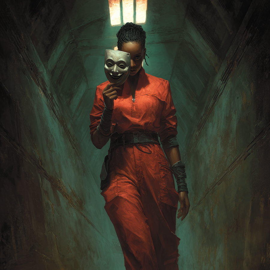 A woman wearing a red jumpsuit stands in a narrow, dimly lit corridor holding a white theatrical mask with a wide smile, partially covering her face.