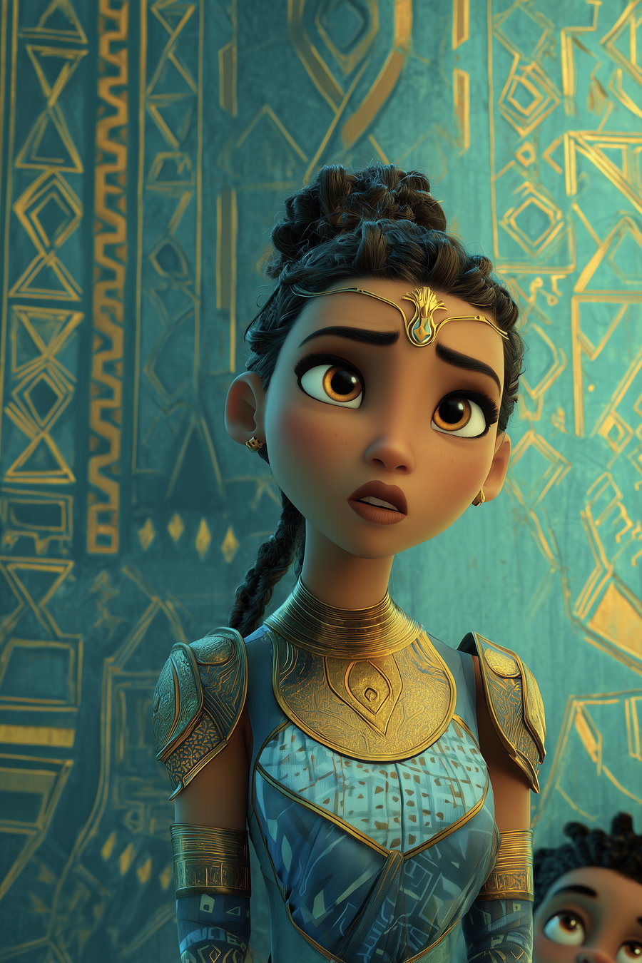 A 3D animated female fantasy character with dark braided hair, large brown eyes, and golden armor details on shoulders and neck, standing against a patterned teal and gold background.