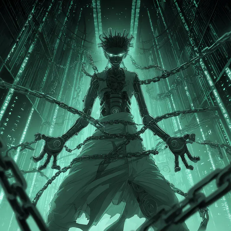 Futuristic cyborg figure bound by chains in a high-tech digital environment