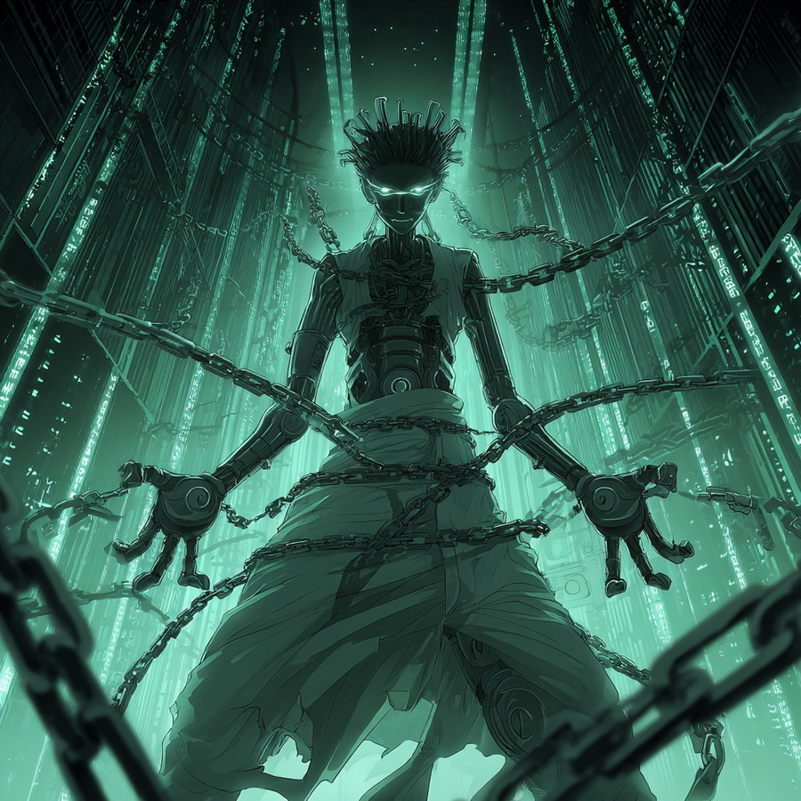 A dark, slender cyborg with glowing eyes is bound by chains, standing in a towering illuminated digital cityscape with a cold, greenish-blue light.