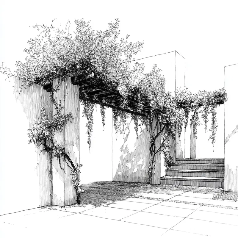 Detailed black and white ink drawing of an architectural pergola with climbing plants