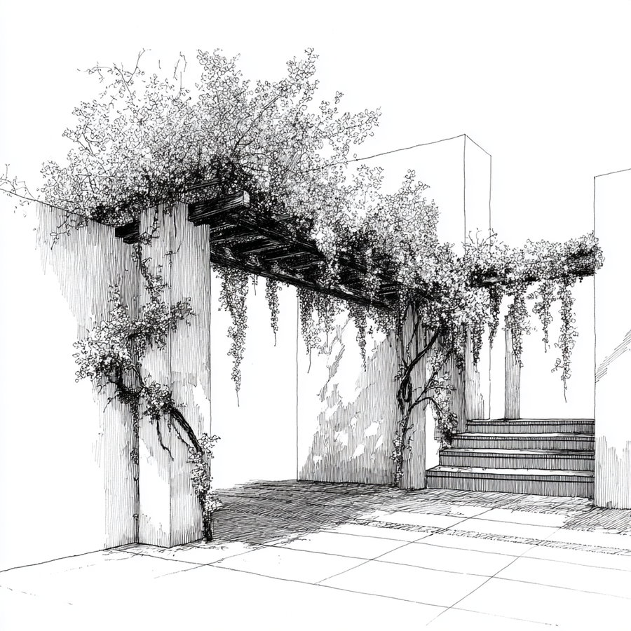 Black and white ink drawing showing a pergola structure with wooden beams and walls covered in climbing plants, next to stairs and tiled flooring