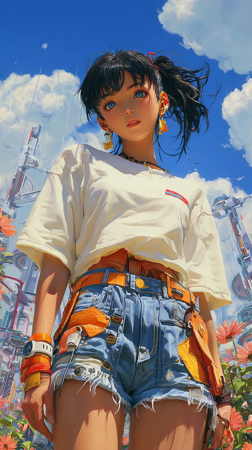 Portrait of a young woman with black hair tied in a ponytail wearing a white t-shirt and distressed denim shorts with various accessories, standing outdoors with flowers and futuristic structures under a bright partly cloudy blue sky