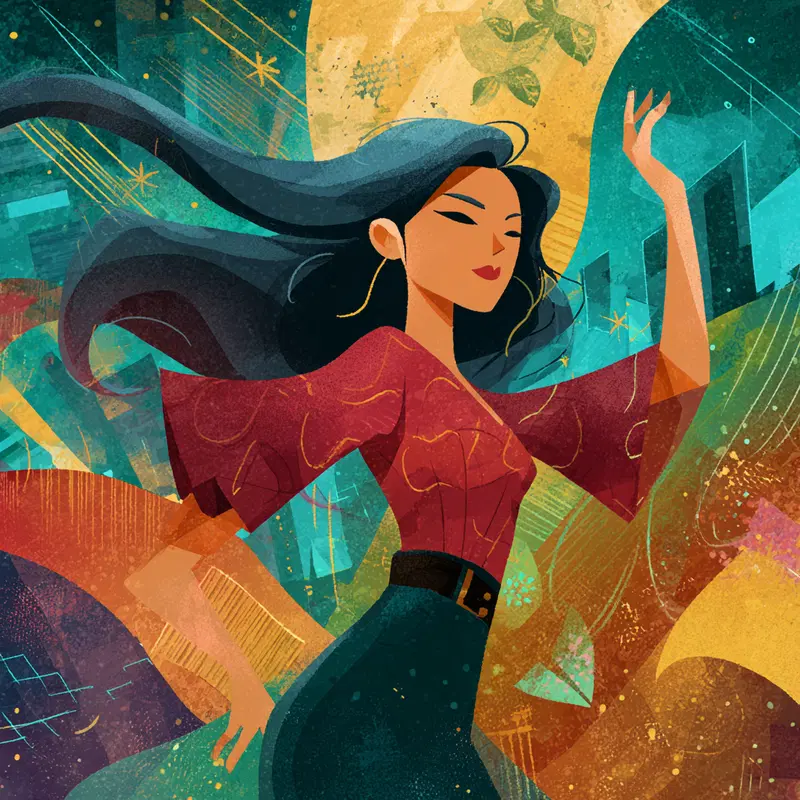 Stylized portrait of a confident woman with flowing hair and vibrant background