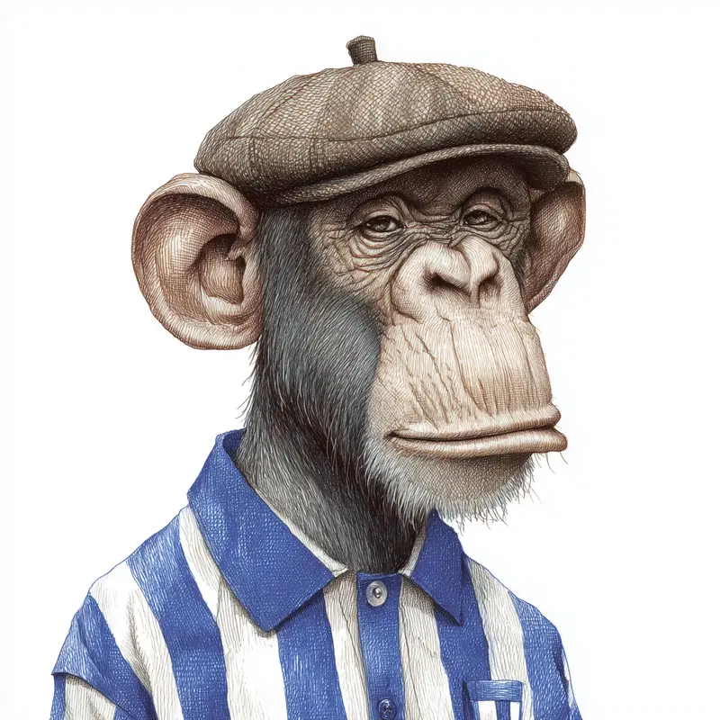 Detailed portrait illustration of a monkey wearing a striped blue and white shirt with a hat