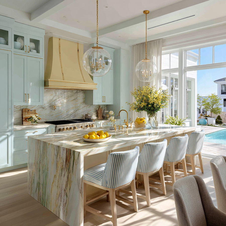 Modern kitchen interior with light-colored cabinets, marble island with bar stools, pendant lights, flower arrangement, and large windows showing outdoor pool and garden