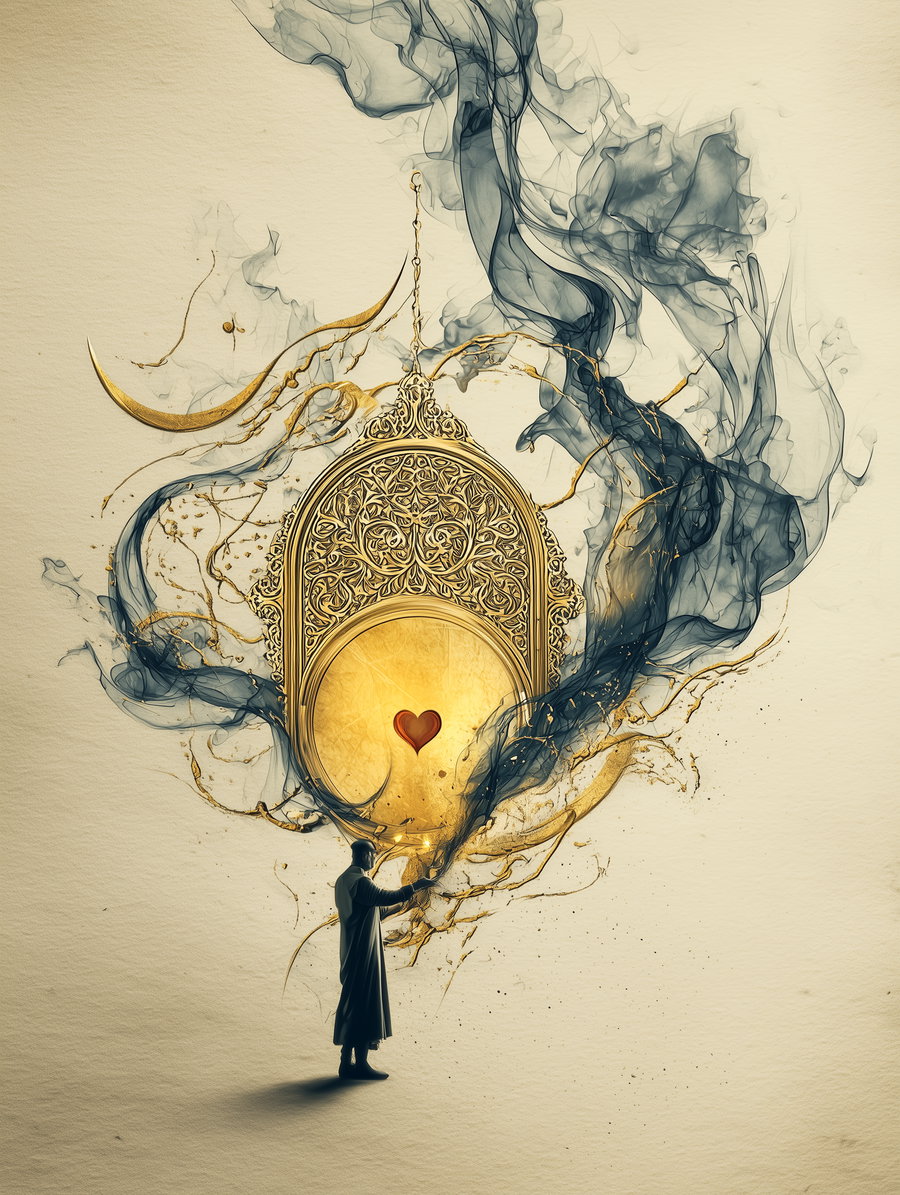 A lone figure in a long coat stands casting swirling dark and golden smoke around a highly detailed ornate golden portal with a glowing red heart at its center on a beige textured background