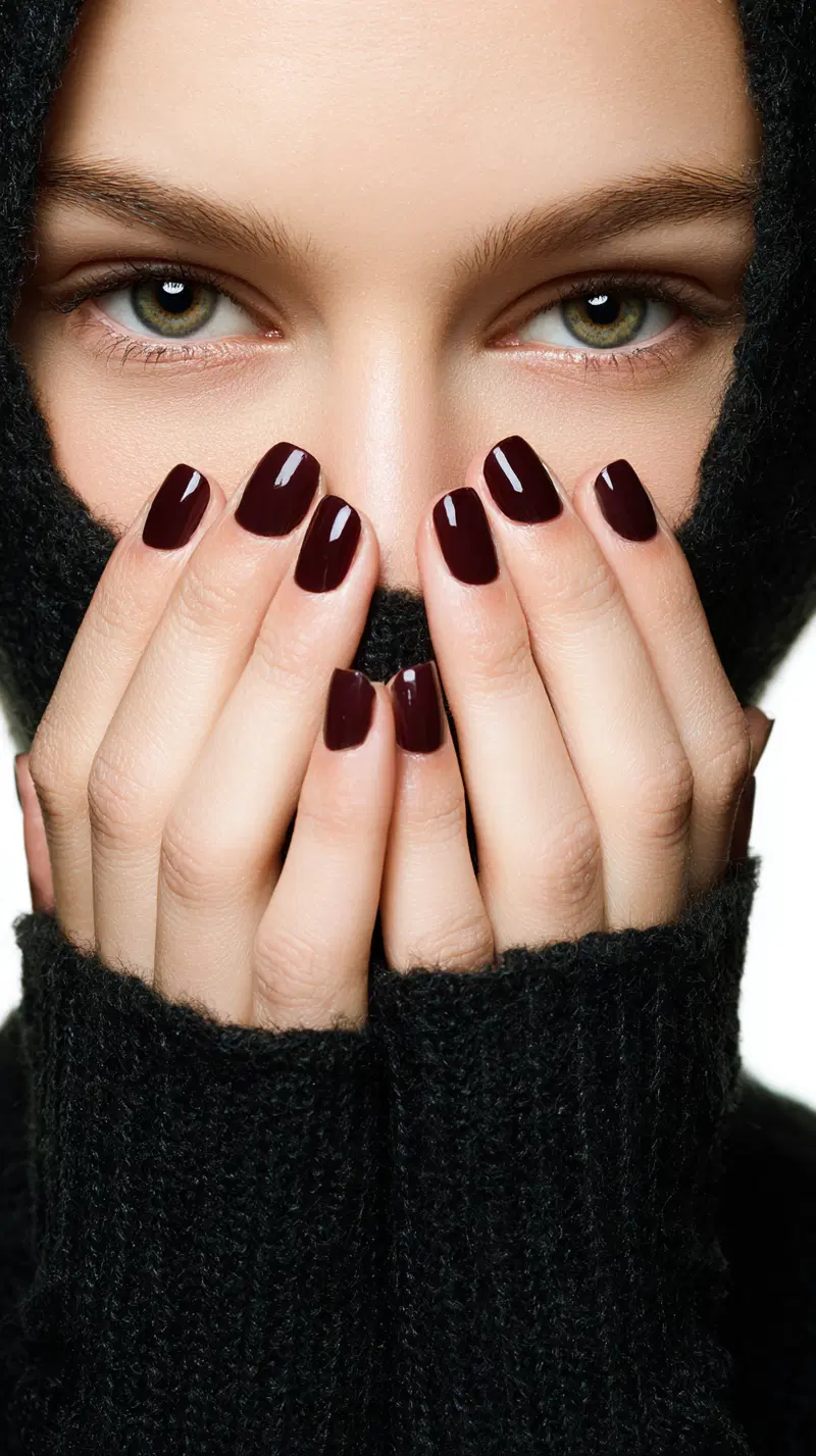 Close-up portrait of a woman with green eyes and dark maroon nails covering her mouth