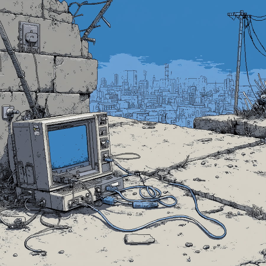 Illustration of an old computer with multiple cables connected, sitting on cracked ground near a ruined wall with a distant cityscape under a blue sky