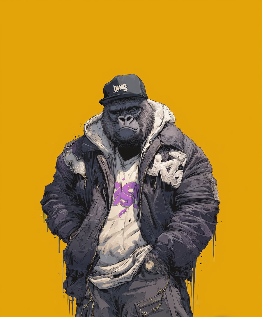 Illustration of a gorilla standing against a yellow background dressed in a dark jacket with patches, a white hoodie, gray pants, and a black cap with the word DING on it