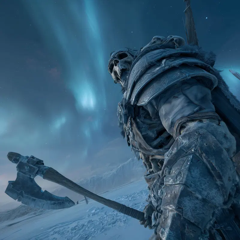 Epic dark fantasy warrior with skull helmet and battle axe in snowy landscape