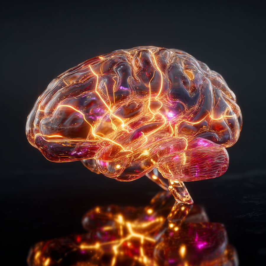 A digital rendering of a transparent human brain with glowing orange and purple neural pathways on a dark reflective surface
