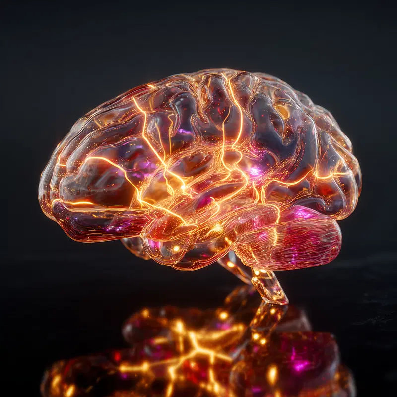 Digital illustration of a glowing transparent human brain with neural pathways