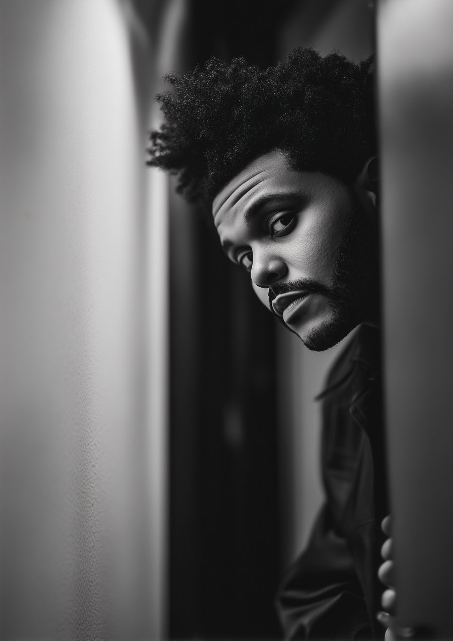 Black and white close-up portrait of a man with curly hair and a beard leaning sideways between two walls, looking intently