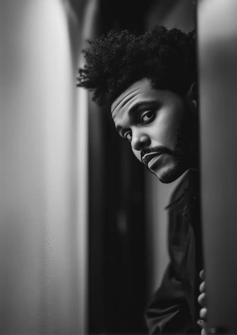 Black and white portrait of a man with curly hair leaning and looking thoughtfully