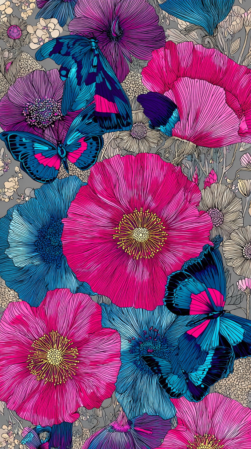Detailed illustration of large pink and blue flowers interspersed with butterflies featuring blue and purple wings on a muted gray background