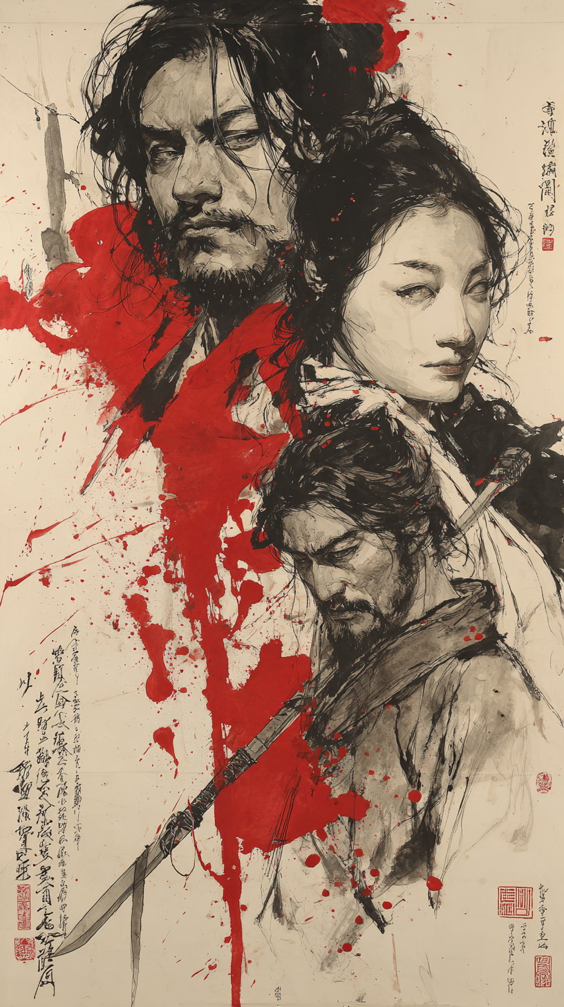 An artistic ink drawing featuring three portraits of Asian men with long hair and beards depicted with intense facial expressions, highlighted with red brush strokes and splatters on a beige background, accompanied by Chinese calligraphy.