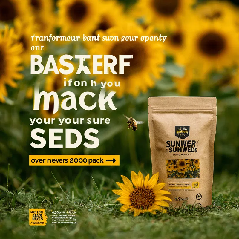 Sunflower seeds product package in a field of blooming sunflowers with a bee