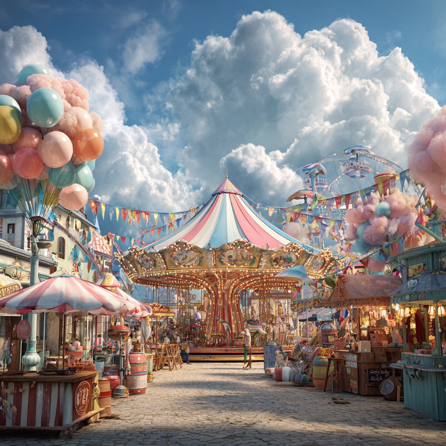 A lively fantasy carnival featuring a large carousel with a striped canopy in the center, surrounded by colorful market stalls, pastel balloons, cotton candy, and festive banners under a partly cloudy bright blue sky.