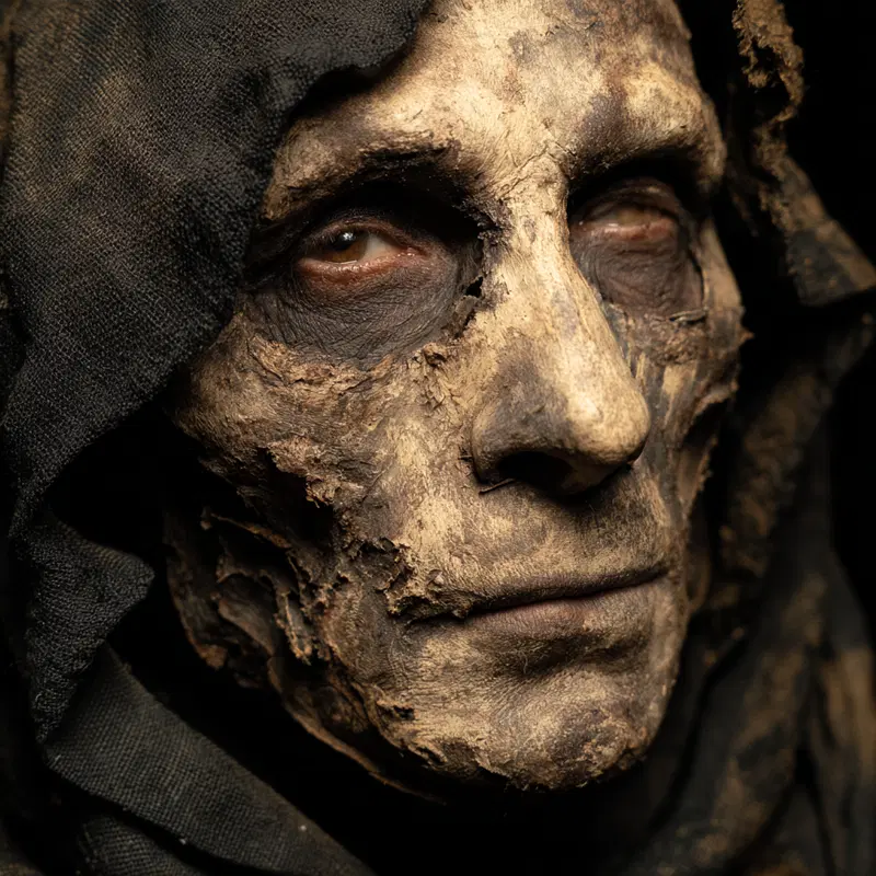 Close-up detailed portrait of a dark fantasy character with decayed skin textures