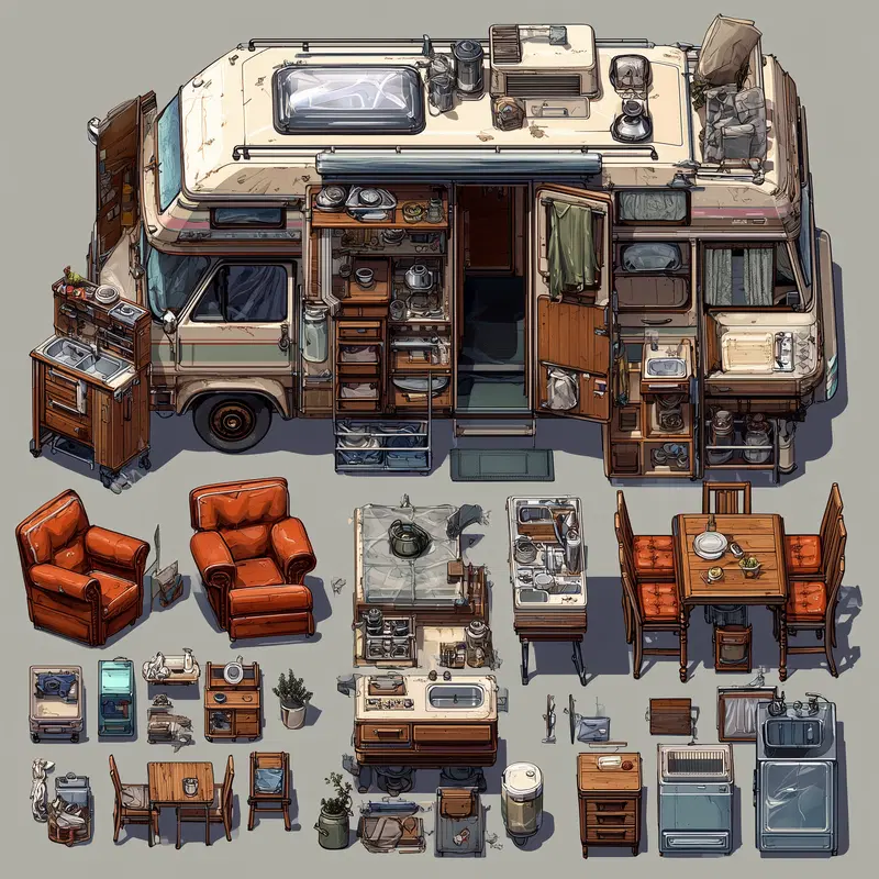 Detailed concept art of a camper van with its interior and various outdoor furniture and equipment
