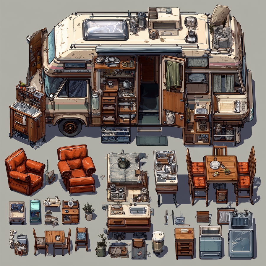 Digital illustration of a camper van with detailed interior view, showing an open door, shelves, kitchen area, and surrounding outdoor furniture including armchairs, tables, and small household items