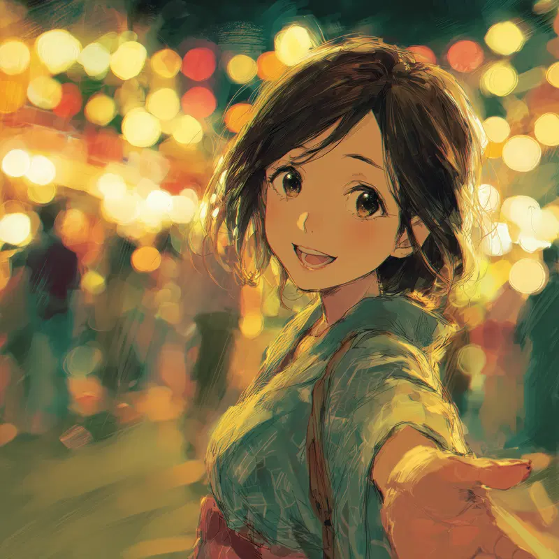 Digital illustration of a cheerful young woman reaching out in a warm lit night scene
